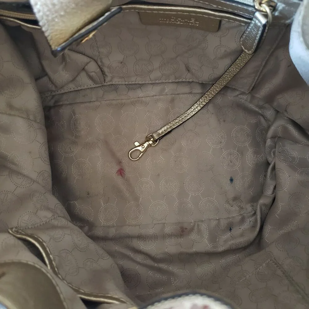 Michael Kors Jet Set Large Signature Gathered Hobo Satchel Tote Gold and Brown